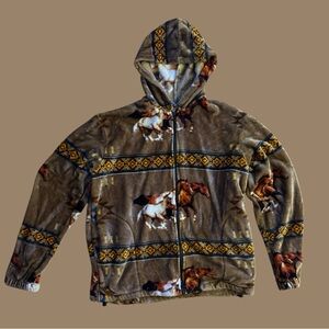 Hooded Fleece Jacket with Horse Print